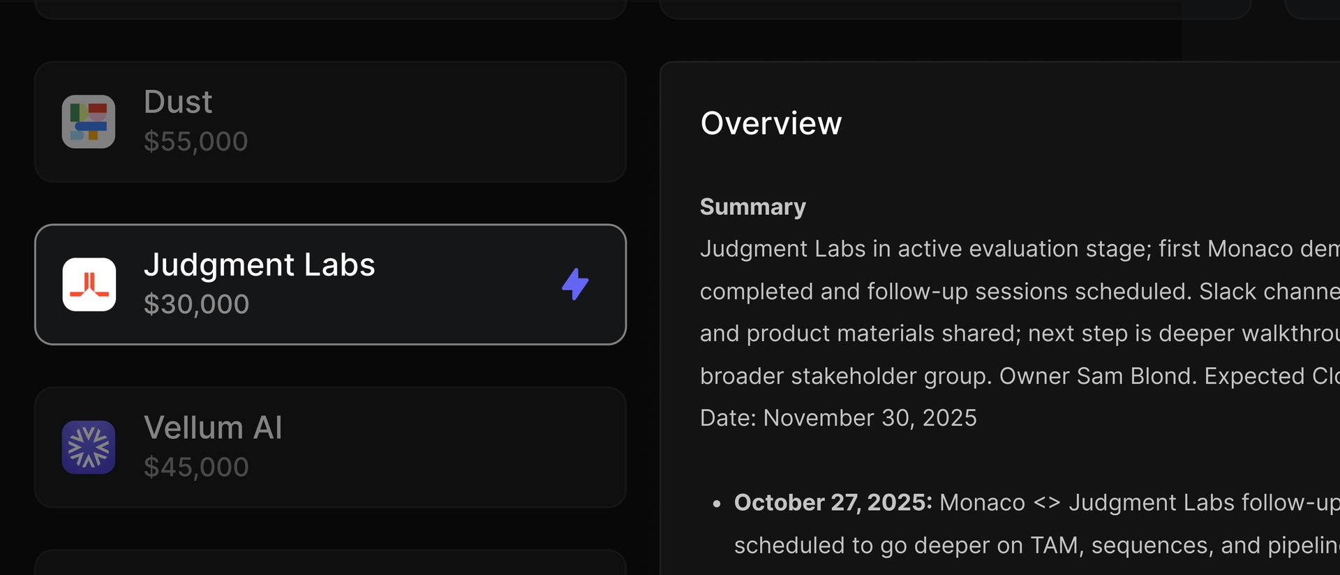 Track pipeline - Kanban board with deal stages and insights