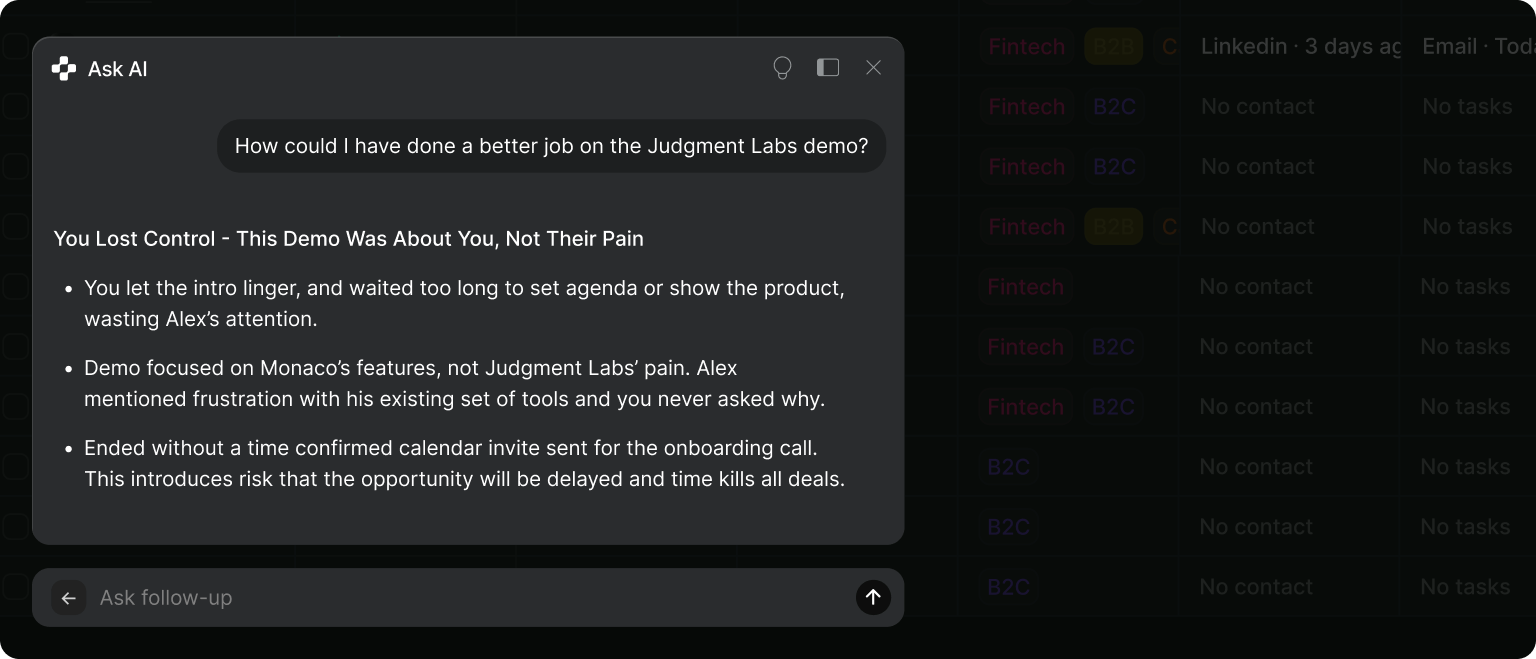Ask Monaco - AI chat interface with sales coaching feedback